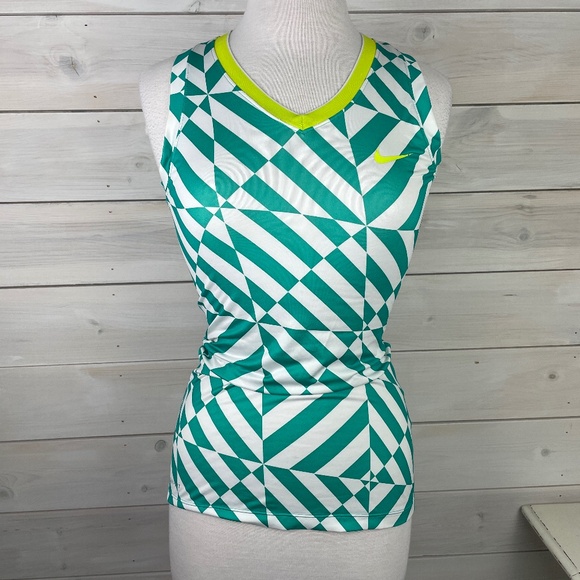 NIKE Pro Green White Sleeveless Dri-Fit Athletic V-neck Tank - Picture 1 of 7